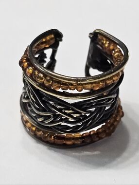 Boho Celtic Braid Adjustable Wide Band Ring with Amber Beads